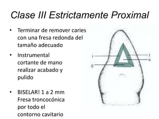 Clase III Estrictamente Proximal
• Terminar de remover caries
con una fresa redonda del
tamaño adecuado
• Instrumental
cortante de mano
realizar acabado y
pulido
• BISELAR! 1 a 2 mm
Fresa troncocónica
por todo el
contorno cavitario
 