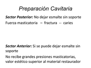 Sector Posterior: No dejar esmalte sin soporte
Fuerza masticatoria – fractura -- caries
Sector Anterior: Si se puede dejar esmalte sin
soporte
No recibe grandes presiones masticatorias,
valor estético superior al material restaurador
Preparación Cavitaria
 