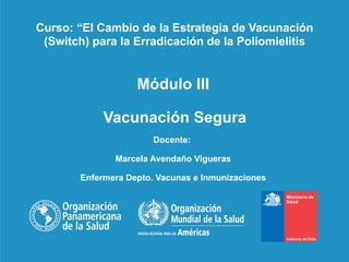 Módulo III
Vacunación Segura
Docente:
Marcela Avendaño Vigueras
Enfermera Depto. Vacunas e Inmunizaciones
Curso: “El Cambio de la Estrategia de Vacunación
(Switch) para la Erradicación de la Poliomielitis
 