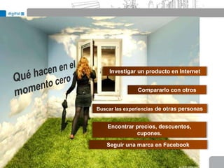 Investigar un producto en Internet


               Compararlo con otros


Buscar las experiencias de otras personas


    Encontrar precios, descuentos,
              cupones.

   Seguir una marca en Facebook
 