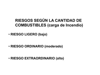 RIESGOS SEGÚN LA CANTIDAD DE
COMBUSTIBLES (carga de Incendio)
• RIESGO LIGERO (bajo)
• RIESGO ORDINARIO (moderado)
• RIESGO EXTRAORDINARIO (alto)
 