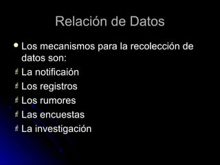 Relación de Datos
 Los

mecanismos para la recolección de
datos son:
 La notificaión
 Los registros
 Los rumores
 Las encuestas
 La investigación

 