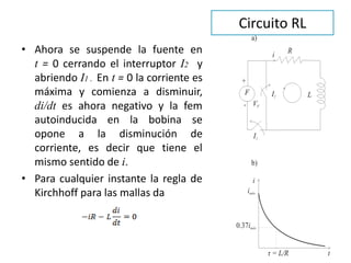 Circuito RL
• Ahora se suspende la fuente en
t = 0 cerrando el interruptor I2 y
abriendo I1 . En t = 0 la corriente es
máxima y comienza a disminuir,
di/dt es ahora negativo y la fem
autoinducida en la bobina se
opone a la disminución de
corriente, es decir que tiene el
mismo sentido de i.
• Para cualquier instante la regla de
Kirchhoff para las mallas da
 