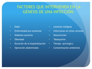 FACTORES QUE INTERVIENEN EN LA
         GÉNESIS DE UNA INFECCIÓN:


•   Edad                             •   Lesiones malignas
•   Enfermedad pre-existente         •   Infecciones en sitios remotos
•   Diabetes sacarina                •   Desnutrición
•   Obesidad                         •   Tabaquismo
•   Duración de la hospitalización   •   Tiempo quirúrgico.
•   Operación abdominales            •   Contaminación ambiental
 