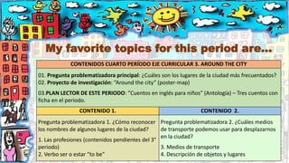 My favorite topics for this period are…
CONTENIDOS CUARTO PERÍODO EJE CURRICULAR 3. AROUND THE CITY
01. Pregunta problematizadora principal: ¿Cuáles son los lugares de la ciudad más frecuentados?
02. Proyecto de investigación: “Around the city” (poster-map)
03.PLAN LECTOR DE ESTE PERIODO: “Cuentos en inglés para niños” (Antología) – Tres cuentos con
ficha en el periodo.
CONTENIDO 1. CONTENIDO 2.
Pregunta problematizadora 1. ¿Cómo reconocer
los nombres de algunos lugares de la ciudad?
1. Las profesiones (contenidos pendientes del 3°
periodo)
2. Verbo ser o estar “to be”
Pregunta problematizadora 2. ¿Cuáles medios
de transporte podemos usar para desplazarnos
en la ciudad?
3. Medios de transporte
4. Descripción de objetos y lugares
 