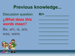 Previous knowledge...
Discussion question:
¿What does this
words mean?
Be, am, is, are,
was, were.
R/= _____________
________________
________________
________________
________________
________________
________________
________________
 