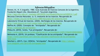 Referencias Bibliográficas:
Brewer, M.; N. V. Arguello. 1980. Guía ilustrada de Insectos Comunes de la Argentina.
Fundación Miguel Lillo. Miscelánea 67. Tucumám Argentina.
http://agro.unc.edu.ar/~zoologia/ARCHIVOS/morfologia%20externa%202014-1.pdf
Recursos Ciencias Naturales. (s. f). Anatomía de los insectos. Recuperado de
https://thales.cica.es/rd/Recursos/rd98/Naturales/05/anatomia.html
Laboratorio Virtual de Insectos. (2020). Morfología de los insectos. Recuperado de
http://web.bioucm.es/cont/vespa/index.php?d=morfologia.php
Raffino M, (2020). Concepto de. “Artrópodos”. Recuperado de:
https://concepto.de/artropodos/
Pinkus M, (2010). Scielo, “Los artrópodos”. Recuperado de:
http://www.scielo.org.mx/scielo.php?script=sci_arttext&pid=S1870-57662010000200004
Belmonte A, (2019). Un profesor, “Clasificación de los artrópodos”. Recuperado de:
https://www.unprofesor.com/ciencias-naturales/clasificacion-de-los-artropodos-
3557.html
Sánchez L, (2017). Con- CIENCIA, “Artrópodos”. Recuperado de: http://albaida-
ccnn.blogspot.com/2015/05/artropodos.html
 
