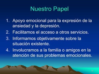 Nuestro Papel
1. Apoyo emocional para la expresión de la
ansiedad y la depresión.
2. Facilitamos el acceso a otros servicios.
3. Informamos objetivamente sobre la
situación existente.
4. Involucramos a la familia o amigos en la
atención de sus problemas emocionales.
19
 
