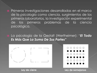 Primeras investigaciones desarrolladas en el marco de la psicología como ciencia, surgimientos de los primeros laboratorios, la investigación experimental de los primeros problemas de la ciencia psicológica.La psicología de la Gestalt (Wertheimer): “El Todo Es Más Que La Suma De Sus Partes”Ley de cierreLey de semejanza