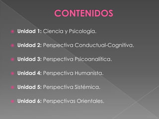 CONTENIDOSUnidad 1: Ciencia y Psicología.Unidad 2: Perspectiva Conductual-Cognitiva.Unidad 3: Perspectiva Psicoanalítica. Unidad 4: Perspectiva Humanista.Unidad 5: Perspectiva Sistémica.Unidad 6: Perspectivas Orientales.