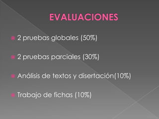 EVALUACIONES2 pruebas globales (50%)2 pruebas parciales (30%)Análisis de textos y disertación(10%)Trabajo de fichas (10%)