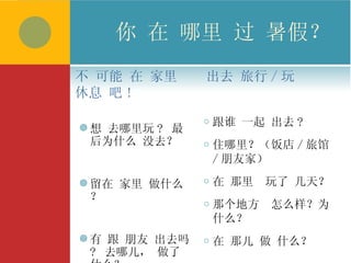你 在 哪里 过 暑假？ 不 可能 在 家里 休息 吧 !  想 去哪里玩 ?  最后为什么 没去？ 留在 家里 做什么？ 有 跟 朋友 出去吗 ?  去哪儿， 做了什么？ 出去 旅行 / 玩  跟谁 一起 出去 ? 住哪里？（饭店 / 旅馆 / 朋友家） 在 那里  玩了 几天？ 那个地方   怎么样？为什么？ 在 那儿  做 什么？ 