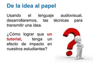 De la idea al papel
¿Cómo lograr que un
tutorial, tenga un
efecto de impacto en
nuestros estudiantes?
Usando el lenguaje a...