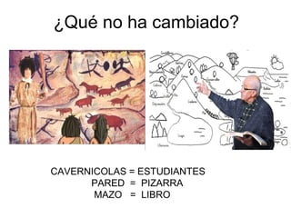 ¿Qué no ha cambiado?
CAVERNICOLAS = ESTUDIANTES
PARED = PIZARRA
MAZO = LIBRO
 