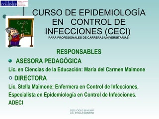 CURSO DE EPIDEMIOLOGÍA EN CONTROL DE INFECCIONES (CECI) PARA PROFESIONALES DE CARRERAS UNIVERSITARIAS RESPONSABLES ASESORA PEDAGÓGICA Lic. en Ciencias de la Educación: María del Carmen Maimone DIRECTORA Lic. Stella Maimone; Enfermera en Control de Infecciones, Especialista en Epidemiología en ControI de Infecciones. ADECI