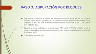 PASO 3. AGRUPACIÓN POR BLOQUES.
 Para terminar, si miramos la columna de porcentaje acumulado vemos que los tres primeros
productos suman una cifra algo inferior al 75% del capital circulante, mientras que a partir del cuarto
excedemos el 80%. Así pues, solamente podemos clasificar los artículos WQ12, CQ23 Y BR24
como productos tipo A.
 Siguiendo la cuenta desde aquí, el noveno producto, P39, excede el 95%. No obstante, ya que el
exceso ni siquiera llega al medio punto porcentual es mejor curarnos en salud y cerrar con el grupo
de productos tipo B.
 El resto serian productos tipo C.
 