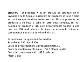EJEMPLO : El producto X es un artículo de estándar en el
inventario de la firma, el ensamble del producto se lleva a cabo
en la línea que funciona todos los días. Un componente del
producto X se lleva a cabo en otro departamento, (el X1)
.Cuando se produce el X1, este departamento trabaja a una
tasa de 100 und. diarias, la línea de ensamble utiliza el
componente a una tasa de 40 und. diarias .
Se cuenta con la siguiente información:
Se trabajan 250 días al año.
Costo de preparación de la producción: US$ 50
Costo de mantenimiento anual: US$ 0.50 por unidad
Costo del componente X1: US$ 7 cada uno
Plazo: 7 días
 