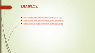 EJEMPLOS:
 https://www.youtube.com/watch?v=H2-nuiZ920Y
 https://www.youtube.com/watch?v=ePOnn0H9GMY
 https://www.youtube.com/watch?v=fdUpd9DAksY
 