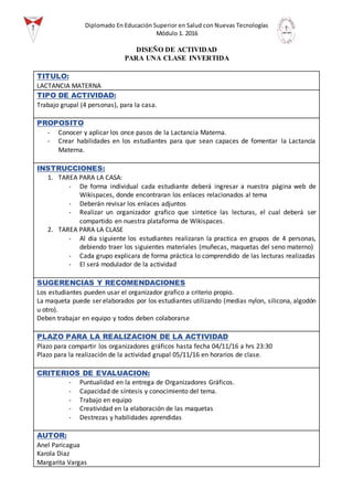 Diplomado En Educación Superior en Salud con Nuevas Tecnologías
Módulo 1. 2016
DISEÑO DE ACTIVIDAD
PARA UNA CLASE INVERTIDA
TITULO:
LACTANCIA MATERNA
TIPO DE ACTIVIDAD:
Trabajo grupal (4 personas), para la casa.
PROPOSITO
- Conocer y aplicar los once pasos de la Lactancia Materna.
- Crear habilidades en los estudiantes para que sean capaces de fomentar la Lactancia
Materna.
INSTRUCCIONES:
1. TAREA PARA LA CASA:
- De forma individual cada estudiante deberá ingresar a nuestra página web de
Wikispaces, donde encontraran los enlaces relacionados al tema
- Deberán revisar los enlaces adjuntos
- Realizar un organizador grafico que sintetice las lecturas, el cual deberá ser
compartido en nuestra plataforma de Wikispaces.
2. TAREA PARA LA CLASE
- Al dia siguiente los estudiantes realizaran la practica en grupos de 4 personas,
debiendo traer los siguientes materiales (muñecas, maquetas del seno materno)
- Cada grupo explicara de forma práctica lo comprendido de las lecturas realizadas
- El será modulador de la actividad
SUGERENCIAS Y RECOMENDACIONES
Los estudiantes pueden usar el organizador grafico a criterio propio.
La maqueta puede ser elaborados por los estudiantes utilizando (medias nylon, silicona, algodón
u otro).
Deben trabajar en equipo y todos deben colaborarse
PLAZO PARA LA REALIZACION DE LA ACTIVIDAD
Plazo para compartir los organizadores gráficos hasta fecha 04/11/16 a hrs 23:30
Plazo para la realización de la actividad grupal 05/11/16 en horarios de clase.
CRITERIOS DE EVALUACION:
- Puntualidad en la entrega de Organizadores Gráficos.
- Capacidad de síntesis y conocimiento del tema.
- Trabajo en equipo
- Creatividad en la elaboración de las maquetas
- Destrezas y habilidades aprendidas
AUTOR:
Anel Paricagua
Karola Diaz
Margarita Vargas
 