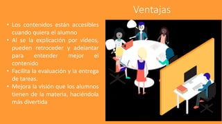 Ventajas
• Los contenidos están accesibles
cuando quiera el alumno
• Al se la explicación por vídeos,
pueden retroceder y adelantar
para entender mejor el
contenido
• Facilita la evaluación y la entrega
de tareas.
• Mejora la visión que los alumnos
tienen de la materia, haciéndola
más divertida
 
