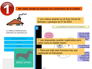 Ver vídeo donde se explican los contenidos de la unidad
Los vídeos estarán en el Aula Virtual de
Biología y geología de 3º de ESO
Al ver el vídeo irán apareciendo
preguntas sobre los contenidos que tienes
que ir contestando
Las respuestas quedan registradas para
saber como lo habéis hecho
Para que todo esto funcione hay que
registrarse en Educanon