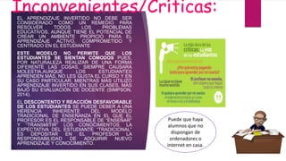 Inconvenientes/Críticas:EL APRENDIZAJE INVERTIDO NO DEBE SER
CONSIDERADO COMO UN REMEDIO PARA
RESOLVER TODOS LOS PROBLEMAS
EDUCATIVOS, AUNQUE TIENE EL POTENCIAL DE
CREAR UN AMBIENTE PROPICIO PARA EL
APRENDIZAJE ACTIVO, COMPROMETIDO Y
CENTRADO EN EL ESTUDIANTE
ESTE MODELO NO PERMITE QUE LOS
ESTUDIANTES SE SIENTAN CÓMODOS PUES,
POR NATURALEZA REALIZAR DE UNA FORMA
DIFERENTE LAS COSAS, SIEMPRE CAUSARÁ
MOLESTIA.AUNQUE LOS ESTUDIANTES
APRENDEN MÁS, NO LES GUSTA EL CURSO Y EN
SU CASO PARTICULAR, MIENTRAS MÁS UTILIZÓ
APRENDIZAJE INVERTIDO EN SUS CLASES, MÁS
BAJÓ SU EVALUACIÓN DE DOCENTE (SIMPSON,
2014).
EL DESCONTENTO Y REACCIÓN DESFAVORABLE
DE LOS ESTUDIANTES SE PUEDE DEBER A UNA
HERENCIA INHERENTE DEL MODELO
TRADICIONAL DE ENSEÑANZA EN EL QUE EL
PROFESOR ES EL RESPONSABLE DE “ENSEÑAR”
Y “TRANSMITIR” LOS CONOCIMIENTOS. LA
EXPECTATIVA DEL ESTUDIANTE “TRADICIONAL”
ES DEPOSITAR EN EL PROFESOR LA
RESPONSABILIDAD DE ADQUIRIR NUEVO
APRENDIZAJE Y CONOCIMIENTO.
Puede que haya
alumnos que no
dispongan de
ordenadores o
internet en casa.
 