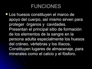 FUNCIONES
 Los huesos constituyen el marco de
 apoyo del cuerpo, así mismo sirven para
 proteger órganos y cavidades.
 Presentan el principal sitio de formación
 de los elementos de la sangre en la
 persona adulta especialmente los huesos
 del cráneo, vértebras y los ilíacos,
 Constituyen lugares de almacenaje, para
 minerales como el calcio y el fósforo.
 