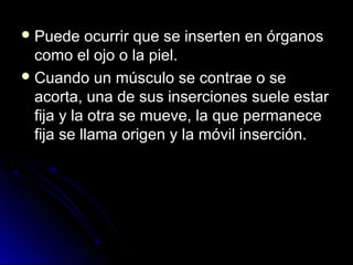  Puede    ocurrir que se inserten en órganos
  como el ojo o la piel.
 Cuando un músculo se contrae o se
  acorta, una de sus inserciones suele estar
  fija y la otra se mueve, la que permanece
  fija se llama origen y la móvil inserción.
 
