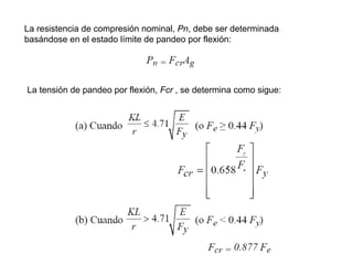 La resistencia de compresión nominal, Pn, debe ser determinada
basándose en el estado límite de pandeo por flexión:




La tensión de pandeo por flexión, Fcr , se determina como sigue:
 