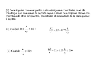 (a) Para ángulos con alas iguales o alas desiguales conectadas en el ala
más larga, que son almas de sección cajón o almas de enrejados planos con
miembros de alma adyacentes, conectados al mismo lado de la placa gusset
o cordón:
 