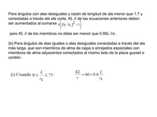 Para ángulos con alas desiguales y razón de longitud de ala menor que 1.7 y
conectadas a través del ala corta, KL /r de las ecuaciones anteriores deben
ser aumentados al sumarse

pero KL /r de los miembros no debe ser menor que 0.95L /rz .

(b) Para ángulos de alas iguales o alas desiguales conectadas a través del ala
más larga, que son miembros de alma de cajas o enrejados espaciales con
miembros de alma adyacentes conectados al mismo lado de la placa gusset o
cordón:
 