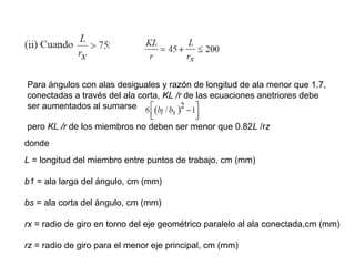 Para ángulos con alas desiguales y razón de longitud de ala menor que 1.7,
conectadas a través del ala corta, KL /r de las ecuaciones anetriores debe
ser aumentados al sumarse

pero KL /r de los miembros no deben ser menor que 0.82L /rz
donde
L = longitud del miembro entre puntos de trabajo, cm (mm)

b1 = ala larga del ángulo, cm (mm)

bs = ala corta del ángulo, cm (mm)

rx = radio de giro en torno del eje geométrico paralelo al ala conectada,cm (mm)

rz = radio de giro para el menor eje principal, cm (mm)
 