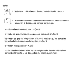 donde

            esbeltez modificada de columna para el miembro armado



            esbeltez de columna del miembro armado actuando como una
            unidad en la dirección de pandeo considerado


 a = distancia entre conectores, cm (mm)

 ri = radio de giro mínimo del componente individual, cm (mm)

 rib = radio de giro del componente individual relativo a su eje centroidal
 paralelo al eje de pandeo del miembro, cm (mm)

 α = razón de separación = h /2rib

 h = distancia entre centroides de los componentes individuales medida
 perpendicularmente al eje de pandeo del miembro, cm (mm)
 