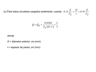(c) Para tubos circulares cargados axialmente, cuando




   donde

   D = diámetro exterior, cm (mm)

   t = espesor de pared, cm (mm)
 