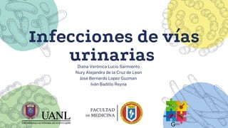 Infecciones de vías
urinarias
Diana Verónica Lucio Sarmiento
Nury Alejandra de la Cruz de Leon
José Bernardo Lopez Guzman
Iván Badillo Reyna
 