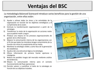 Ventajas del BSC
1) Ayudar a alinear todas las áreas y las actividades de la
organización en función de los objetivos estratégicos y el
cumplimiento de la visión.
2) Estimula la transformación organizacional a partir de la
estrategia.
3) Transformar la visión de la organización en acciones reales
que se podrán medir y seguir.
4) Produce una mejora en los procesos organizacionales de
gestión de la información.
5) Mejorar la comunicación interna de las organizaciones con
el fin de que todos los miembros tengan conocimiento de su
función con miras al cumplimiento de las metas.
6) Mantiene la estrategia visible y como foco de la generación
de estadísticas.
7) Ayuda a dar una estructura lógica a la estrategia.
8) Ofrece Información de primera fuente oportuna e
inteligente.
9) Reduce los posibles riesgos del mercado mediante análisis
de tendencias.
10) Mejora la comunicación interna para el correcto
funcionamiento del flujo operacional.
11) Permite valorar y cuantificar el éxito de la estrategia en
función de sus objetivos trazados.
La metodología Balanced Scorecard introduce varios beneficios para la gestión de una
organización, entre ellos están:
 