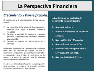 La Perspectiva Financiera
Crecimiento y Diversificación…
El crecimiento y la diversificación de los ingresos
implica:
a) La expansión de la oferta de los productos y
servicios para llegar a nuevos clientes y
mercados.
b) Cambiar la variedad de productos y servicios
para que se conviertan en una oferta de mayor
valor añadido.
c) Cambiar los precios de dichos productos y
servicios.
El indicador más común del crecimiento de los ingresos
tanto para las unidades de negocio en fase de
crecimiento como para las que se encuentran en la fase
de recolección, sería la tasa de crecimiento de las
ventas y la cuota de mercado para las regiones,
mercados y clientes seleccionados.
Es acá donde la temática es lograr los niveles requeridos
para comenzar a recuperar la inversión mediante
estrategias de crecimiento y diversificación.
1. Nuevos Productos.
2. Nuevas Aplicaciones de Productos
actuales.
3. Nuevos Clientes y Mercados.
4. Nuevas Relaciones en UENs.
5. Nueva variedad de productos y
servicios por Segmento.
6. Nueva estrategia de Precios.
Indicadores para estrategias de
crecimiento y diversificación:
 