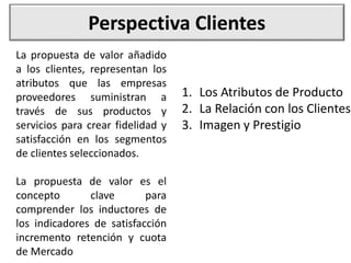Perspectiva Clientes
La propuesta de valor añadido
a los clientes, representan los
atributos que las empresas
proveedores suministran a
través de sus productos y
servicios para crear fidelidad y
satisfacción en los segmentos
de clientes seleccionados.
La propuesta de valor es el
concepto clave para
comprender los inductores de
los indicadores de satisfacción
incremento retención y cuota
de Mercado
1. Los Atributos de Producto
2. La Relación con los Clientes
3. Imagen y Prestigio
 