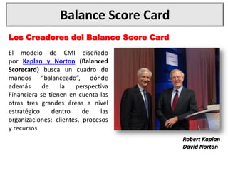 Balance Score Card
El modelo de CMI diseñado
por Kaplan y Norton (Balanced
Scorecard) busca un cuadro de
mandos “balanceado”, dónde
además de la perspectiva
Financiera se tienen en cuenta las
otras tres grandes áreas a nivel
estratégico dentro de las
organizaciones: clientes, procesos
y recursos.
Robert Kaplan
David Norton
Los Creadores del Balance Score Card
 