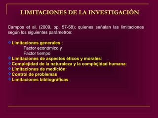 LIMITACIONES DE LA INVESTIGACIÓN

Campos et al. (2009, pp. 57-58); quienes señalan las limitaciones
según los siguientes parámetros:

Limitaciones generales :
       Factor económico y
       Factor tiempo
Limitaciones de aspectos éticos y morales:
Complejidad de la naturaleza y la complejidad humana:
Limitaciones de medición:
Control de problemas
Limitaciones bibliográficas
 
