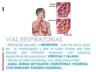 VIAS RESPIRATORIAS -  Bronquitis agudas, o  NEUMONÍA  , con tos seca, peor en  la madrugada y por el calor (mejor por aire fresco), por irritación traqueal; con copiosa expectoración espumosa,  VERDOSA Y SALADA. -  Disnea al subir escaleras, con dolor precordial. -  ASMA. EDEMA DE PULMÓN. HIDROTÓRAX .  PLEURESÍA CON DERRAME; PLEURITIS IZQUIERDA.  . 