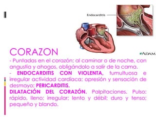 CORAZON - Puntadas en el corazón; al caminar o de noche, con angustia y ahogos, obligándolo a salir de la cama.  -  ENDOCARDITIS CON VIOLENTA,  tumultuosa e irregular actividad cardíaca; opresión y sensación de desmayo;  PERICARDITIS. DILATACIÓN DEL CORAZÓN.  Palpitaciones. Pulso: rápido, lleno; irregular; lento y débil; duro y tenso; pequeño y blando. 