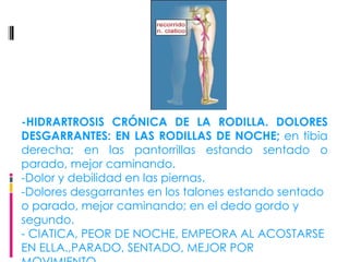 -HIDRARTROSIS CRÓNICA DE LA RODILLA. DOLORES DESGARRANTES: EN LAS RODILLAS DE NOCHE;  en tibia derecha; en las pantorrillas estando sentado o parado, mejor caminando.  -Dolor y debilidad en las piernas.  -Dolores desgarrantes en los talones estando sentado o parado, mejor caminando; en el dedo gordo y segundo. - CIATICA, PEOR DE NOCHE, EMPEORA AL ACOSTARSE EN ELLA.,PARADO, SENTADO, MEJOR POR MOVIMIENTO. 