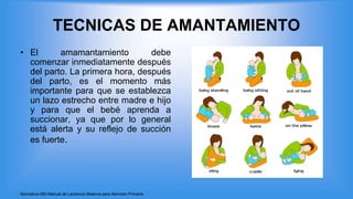 TECNICAS DE AMANTAMIENTO
• El amamantamiento debe
comenzar inmediatamente después
del parto. La primera hora, después
del parto, es el momento más
importante para que se establezca
un lazo estrecho entre madre e hijo
y para que el bebé aprenda a
succionar, ya que por lo general
está alerta y su reflejo de succión
es fuerte.
Normativa 060 Manual de Lactancia Materna para Atención Primaria
 