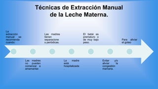 Técnicas de Extracción Manual
de la Leche Materna.
La
extracción
manual se
recomienda
cuando:
Las madres
no pueden
comenzar a
amamantar.
Las madres
tienen
separacione
s periódicas.
La madre
está
hospitalizada
.
El bebé es
prematuro o
de muy bajo
peso.
Evitar y/o
aliviar la
congestión
mamaria.
Para aliviar
el goteo
 