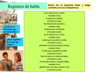 Registros de habla En el rodeo de Los Andes, Comadre Lola, le pegaron su puñete al Guatón Loyola. Por dárselas de encacha’o, comadre Lola, lo dejaron pa’ la historia al Guatón Loyola. En el rodeo de Los Andes, comadre Lola, combo que se perdía lo recibía el Guatón Loyola, peleando con entereza bajo las mesas, comadre Lola. Combo que se perdía lo recibía el Guatón Loyola, bajo las mesas, sí, como estropajo, el Guatón Loyola: el otro gallo encima y el gordo abajo, comadre Lola. ¡Quedó como cacerola, comadre Lola, el Guatón Loyola! Ahora lee el siguiente texto y luego comenta con tus compañeros: ¿Cuál es el mensaje que se transmite ? ¿Qué registro de habla se utiliza ? 