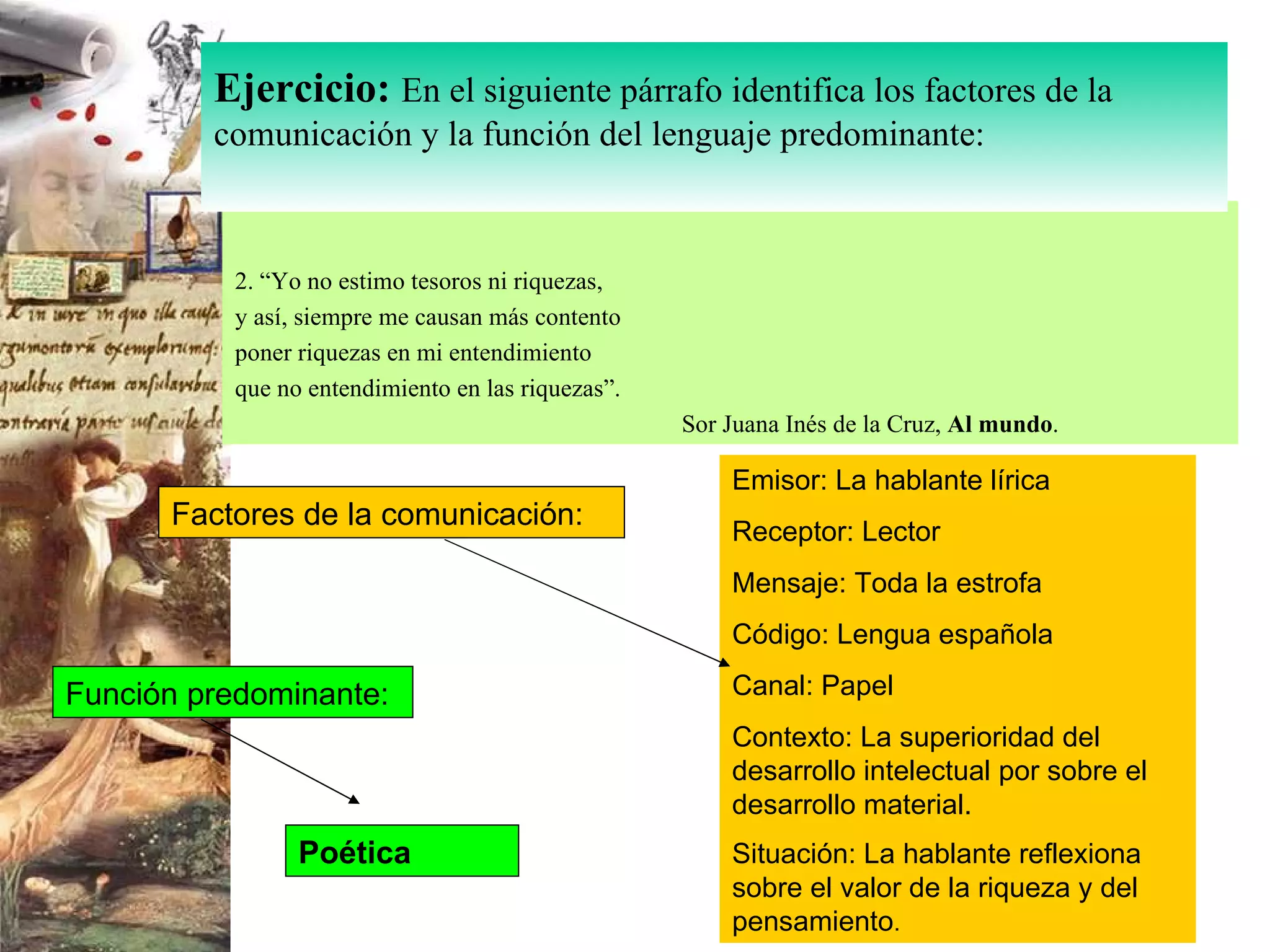 2. “Yo no estimo tesoros ni riquezas, y así, siempre me causan más contento poner riquezas en mi entendimiento que no entendimiento en las riquezas”.   Sor Juana Inés de la Cruz,  Al mundo . Ejercicio:  En el siguiente párrafo identifica los factores de la comunicación y la función del lenguaje predominante: Emisor: La hablante lírica Receptor: Lector Mensaje: Toda la estrofa Código: Lengua española Canal: Papel Contexto: La superioridad del desarrollo intelectual por sobre el desarrollo material.  Situación: La hablante reflexiona sobre el valor de la riqueza y del pensamiento . Poética   Función predominante: Factores de la comunicación: 