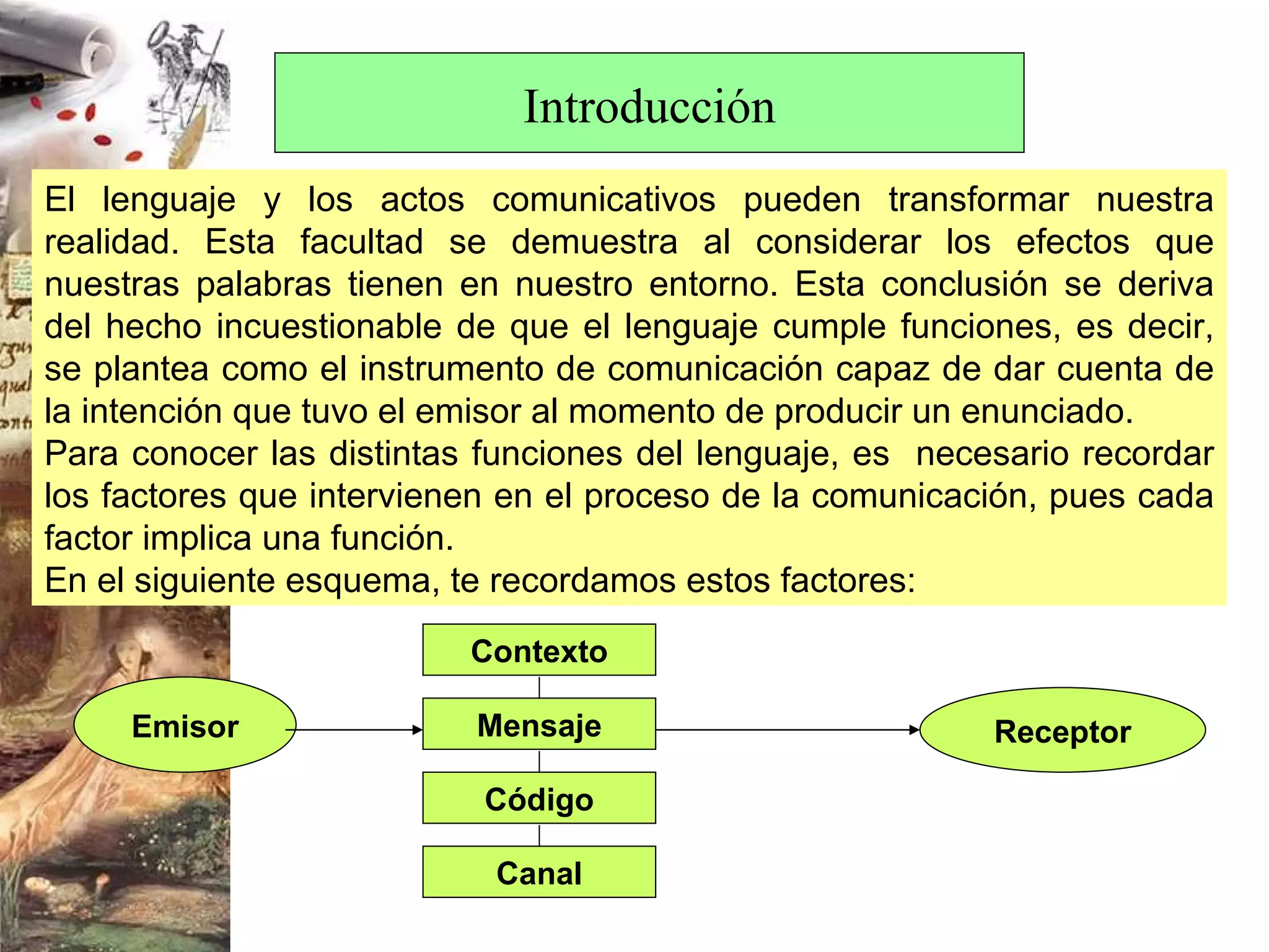 Introducción El lenguaje y los actos comunicativos pueden transformar nuestra realidad. Esta facultad se demuestra al considerar los efectos que nuestras palabras tienen en nuestro entorno. Esta conclusión se deriva del hecho incuestionable de que el lenguaje cumple funciones, es decir, se plantea como el instrumento de comunicación capaz de dar cuenta de la intención que tuvo el emisor al momento de producir un enunciado. Para conocer las distintas funciones del lenguaje, es  necesario recordar los factores que intervienen en el proceso de la comunicación, pues cada factor implica una función. En el siguiente esquema, te recordamos estos factores: Emisor Receptor Contexto Mensaje Código Canal 