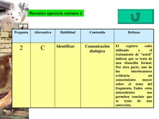 Revisión ejercicio número 2 Pregunta Alternativa Habilidad Contenido Defensa 2 C Identificar Comunicación dialógica El registro culto utilizado y el tratamiento de  “ usted ”  indican que se trata de una situaci ó n formal. Por otra parte, uno de los interlocutores evidencia un conocimiento mayor sobre el tema del fragmento. Todos  estos antecedentes nos permiten concluir que se trata de una entrevista.   