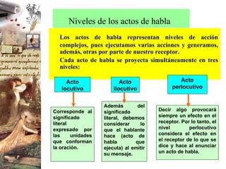 Niveles de los actos de habla   Los actos de habla representan niveles de acción complejos, pues ejecutamos varias acciones y generamos, además, otras por parte de nuestro receptor. Cada acto de habla se proyecta simultáneamente en tres niveles: Corresponde al significado literal expresado por las unidades que conforman la oración. Además del significado literal, debemos considerar lo que el hablante hace (acto de habla que ejecuta) al emitir su mensaje. Decir algo provocará siempre un efecto en el receptor. Por lo tanto, el nivel perlocutivo considera el efecto en el receptor de lo que se dice y hace al enunciar un acto de habla. Acto locutivo Acto ilocutivo Acto perlocutivo 